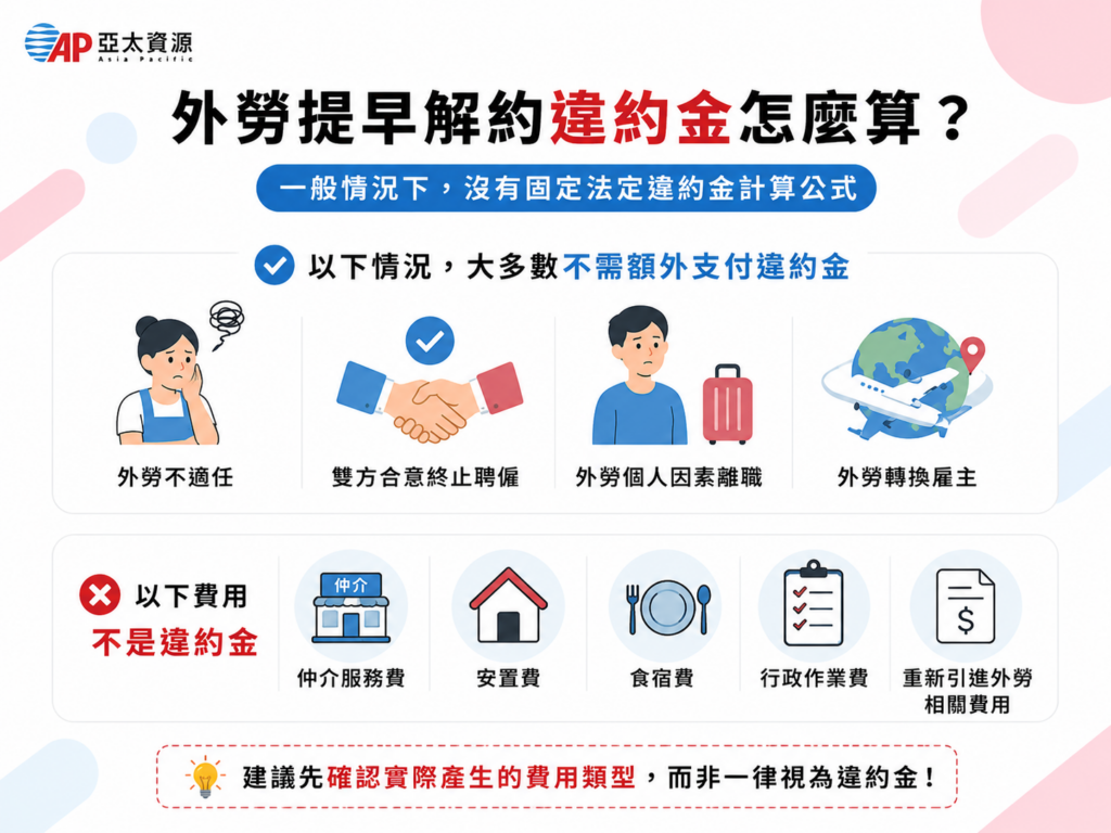外勞提早解約不需要另外支付違約金，但需注意可能有其他費用