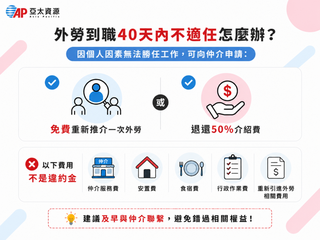 外勞到職40天內不適任，雇主可以跟仲介要求換外勞或退還介紹費
